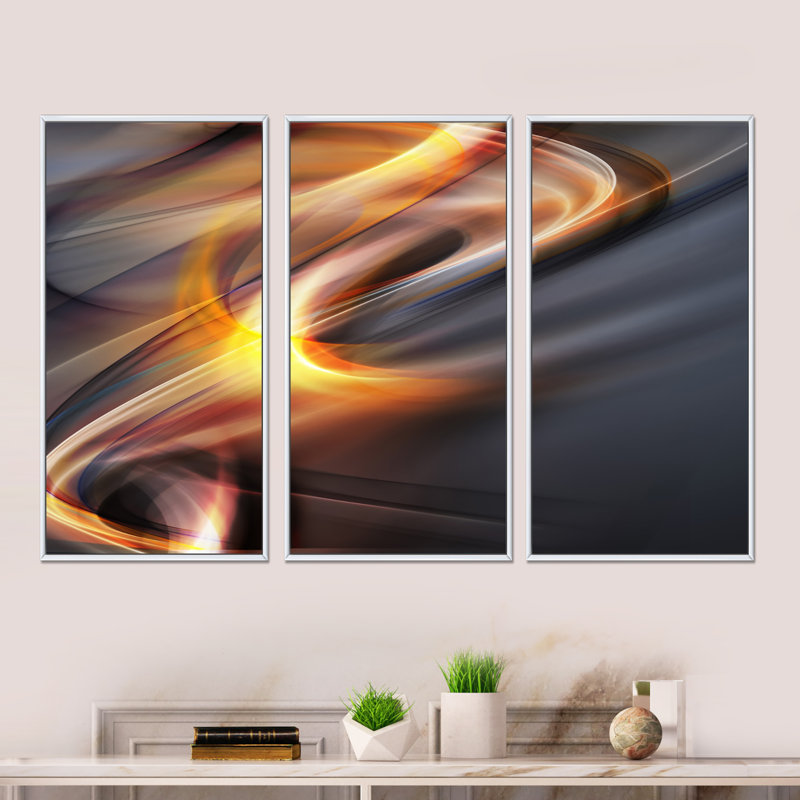«Yellow Grey Light Art», ensemble de 3 toiles abstraites encadrées sur toile, H 20 po x l 36 po x P 1 po, Blanc