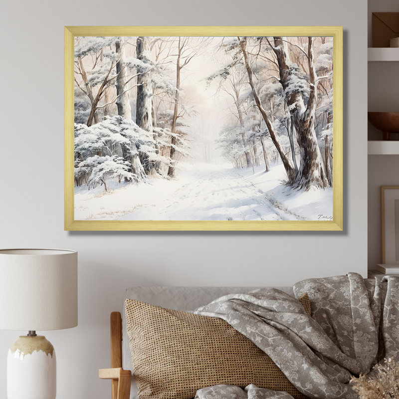 Hiver, forêt, charme de neige, paysage - neige, art mural, Cadre doré simple, H 34 po x l 44 po x P 1,5 po