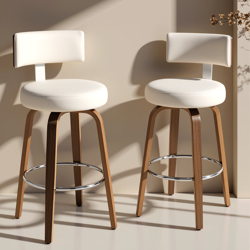 North American Black Walnut Veneer Bar Stool, 360° Rotating Ergonomic Backrest Bar Stool, White