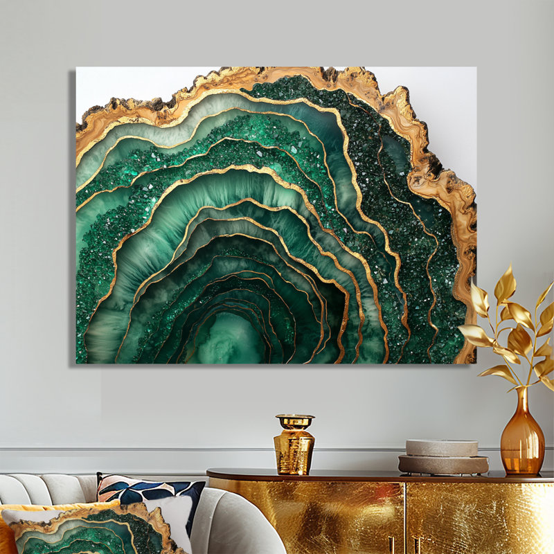 Émeraude et rivière de cristal sur glissoire en bois IV - cristaux, art mural, H 30 po x l 40 po, Toile tendue