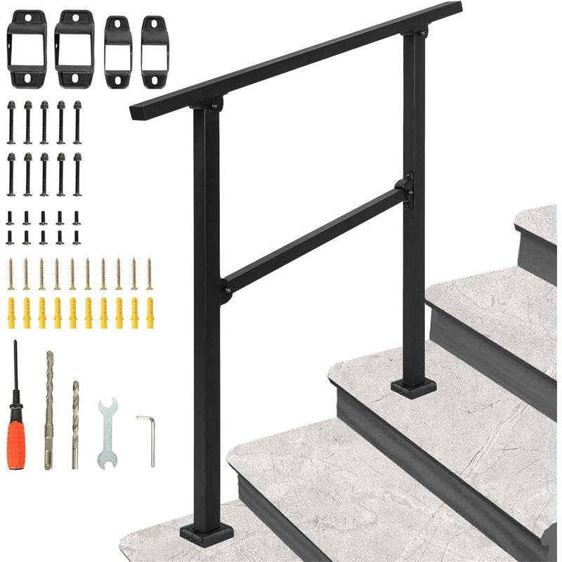 Wrought Iron Handrail, Step Handrails For Outdoor Steps Fit 2 To 3 Steps, Adjustable Porch Railing Transitional Rail With Installation Kit For Concrete Steps Or Wooden Stairs (Black)
