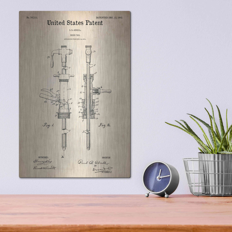 «Beer Tab Vintage Abstract Blueprint» par Luxe Metal Portfolio, H 16 po x l 12 po
