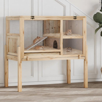 Wooden Guinea Pig Cage & Indoor Rabbit Hutch with Deepened Pull-Out Tray, Ramp & Hideout, Anti-Chew Frame for Small Pets
