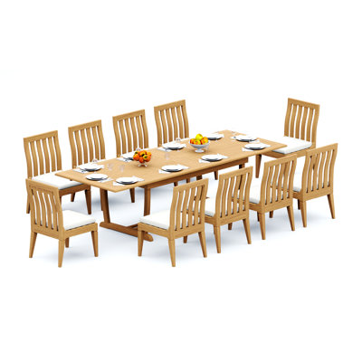 Grade-A Teak Wood Dining Set: Double Extension Mas Rectangle Trestle Leg Table And 8 Caranas Armless Chairs #11Ca2100