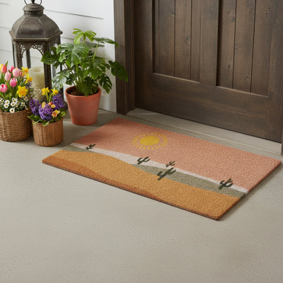 17" X 29" Brown Orange And Yellow Cactus Outdoor Coir Door Mat