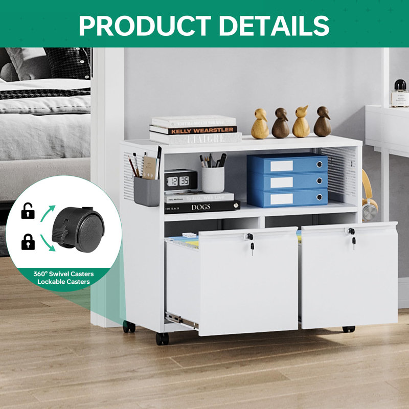 Mobile 2 Drawer File Cabinet with Lock, White