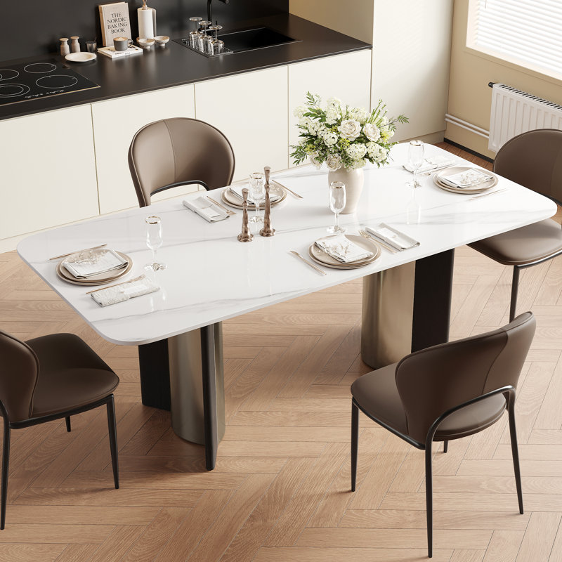63" Modern Rectangular Dining Table for 4, White Glossy Sintered Stone Table Top,with double Stainless Steel Legs