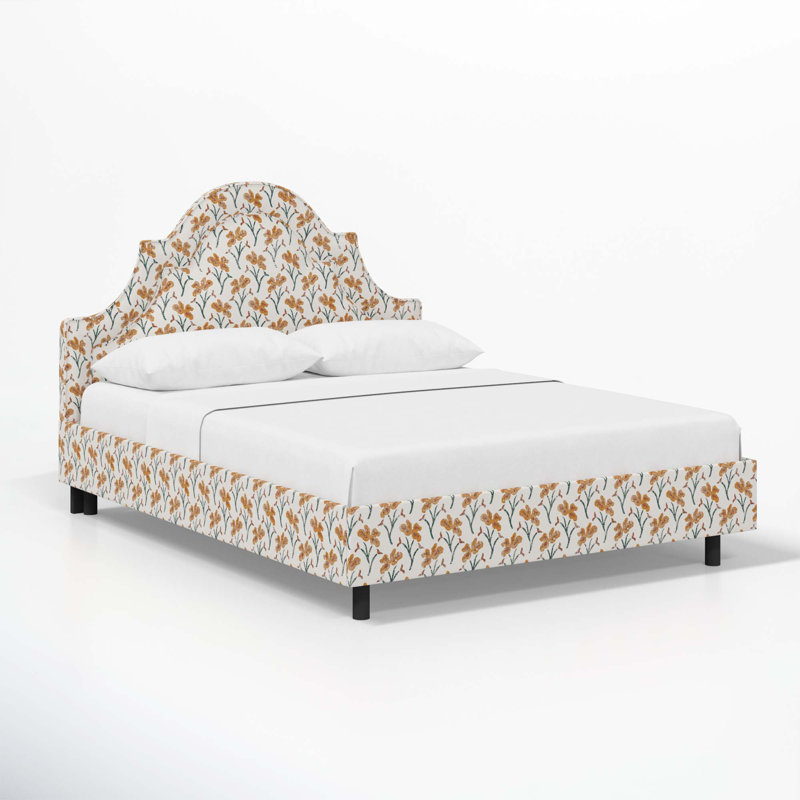 Knipe Upholstered Scalloped Bed, Queen, Vanves Floral Ochre Teal