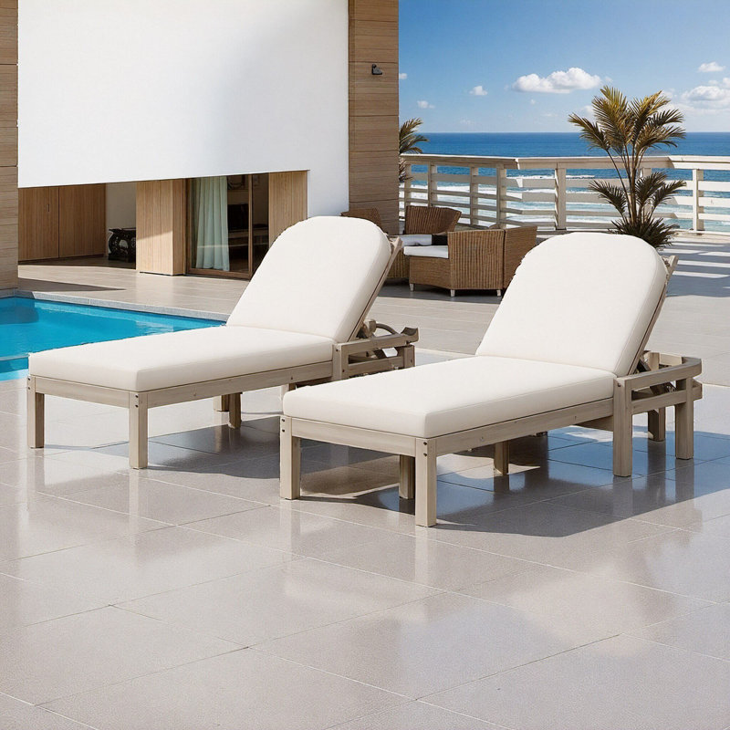 Outdoor Chaise Lounge Set of 2, Acacia Wood Patio Recliners with Arched Backrest, 5-Position Adjustable, Thick Waterproof Cushions for Poolside, Backyard, Deck