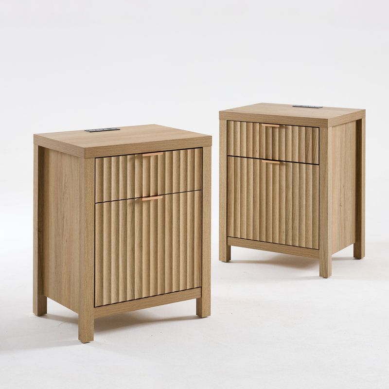 Arrilla 25" H Fluted 2-Drawer Nightstand with Built-In Outlets, Sand Oak