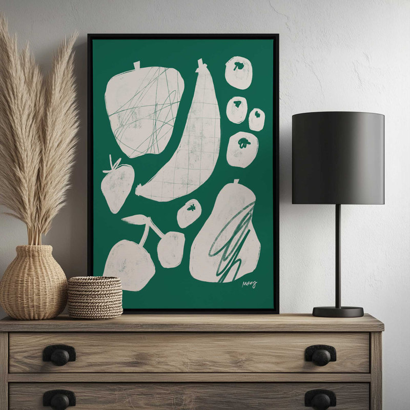 «Abstract Fruit Green» par Garima Dhawan, reproduction d'art, H 40 po x l 30 po, Argent argent, Cadre flottant