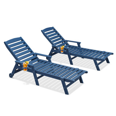 Ensemble de méridienne d'extérieur en PEHD Seehill de 2, chaise longue réglable à 6 positions avec roues et porte-gobelet, chaises longues en poly, chaises longues de patio en PEHD pour terrasse, cour, bord de piscine