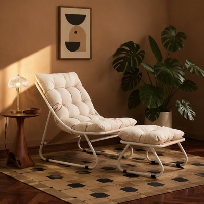 Méridienne d'extérieur pour patio avec repose-pieds, fauteuil inclinable confortable avec coussin gonflable et repose-pieds, idéale pour le salon, la chambre à coucher, la salle de lecture, structure beige avec coussin beige