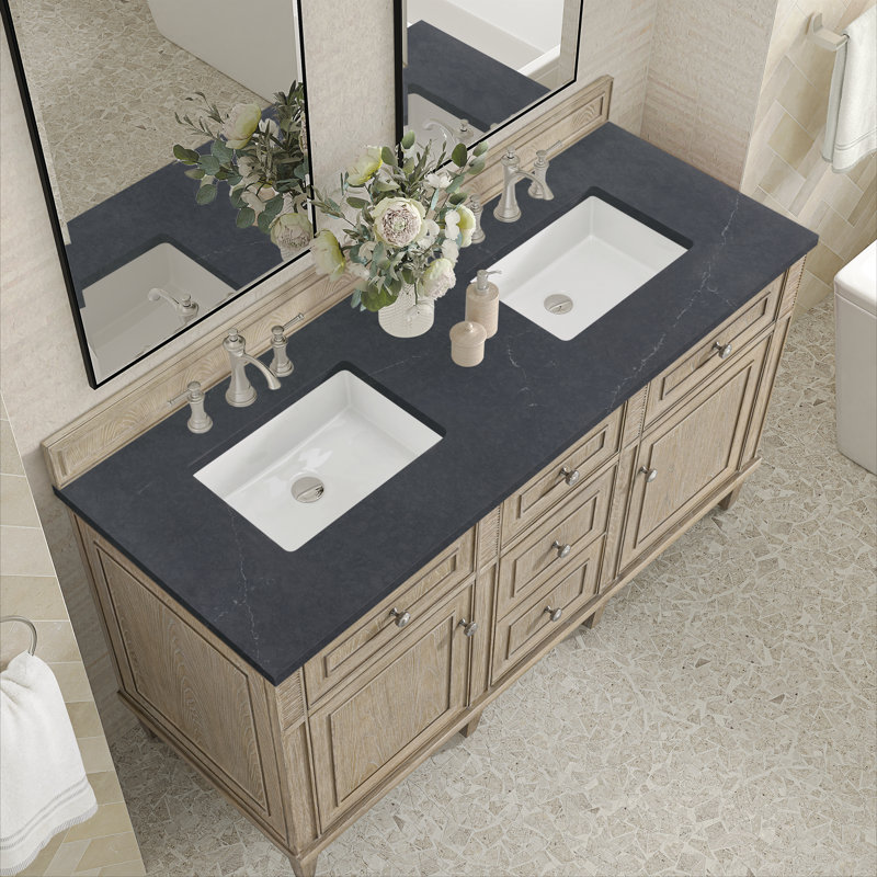 Lorelai 60'' Double Bathroom Vanity with Top, Charcoal Soapstone, Whitewashed Oak, 8" Widespread