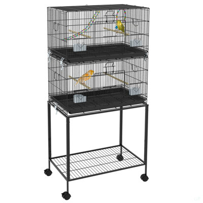 Pawhut Double Stackable Bird Cage With Stand, Wooden Swing, Rope Ladder & Wheels For Canaries, Lovebirds Finches, Budgie Cage With Storage Shelf, Removable Tray, Wooden Perches & Food Containers