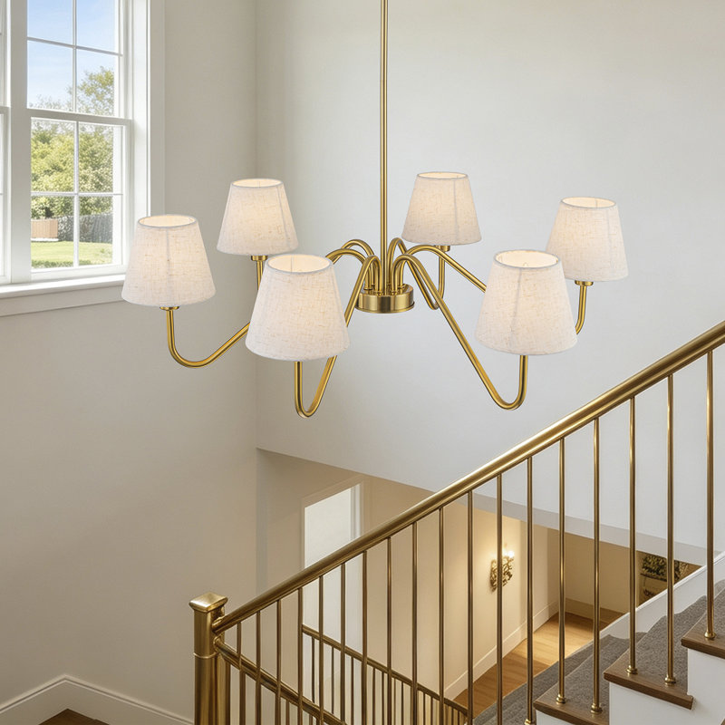 Lustre traditionnel en lin 6 lumières avec abat-jour en tissu blanc, Doré