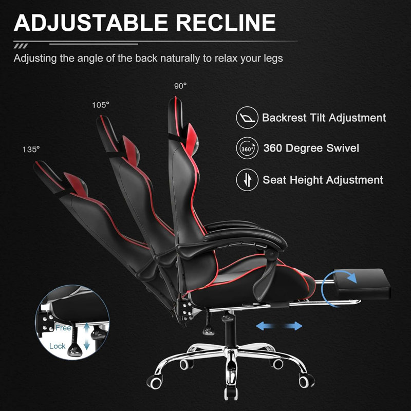 Gaming Chair, Computer Chair with Footrest and Lumbar Support, Height Adjustable Gaming Chair with 360°-Swivel Seat and Headrest
