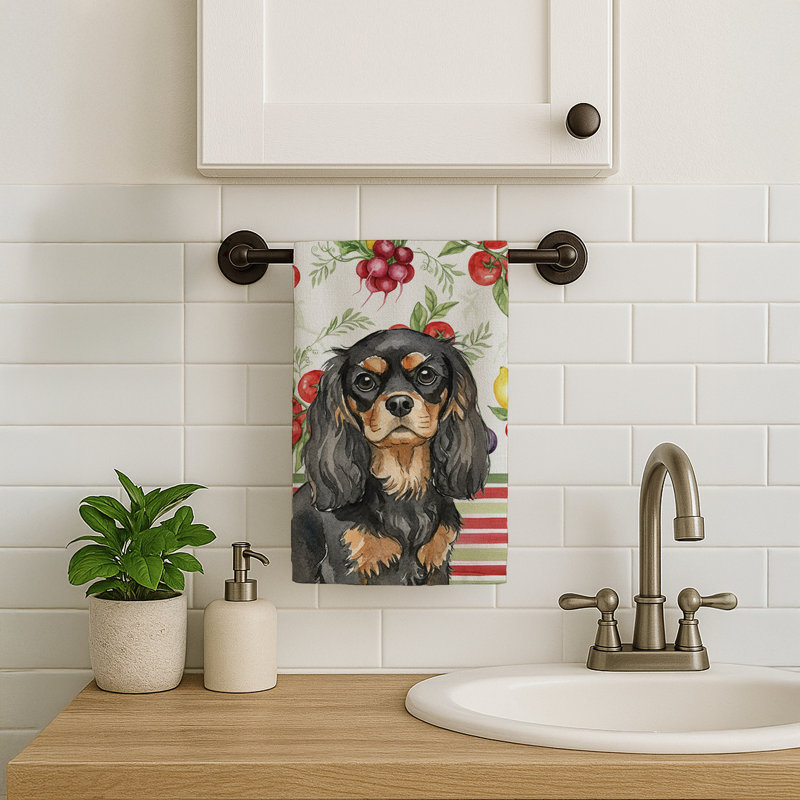 Black and Tan Cavalier Spaniel Vegetables Kitchen Towel, Black/Tan Cavalier Spaniel