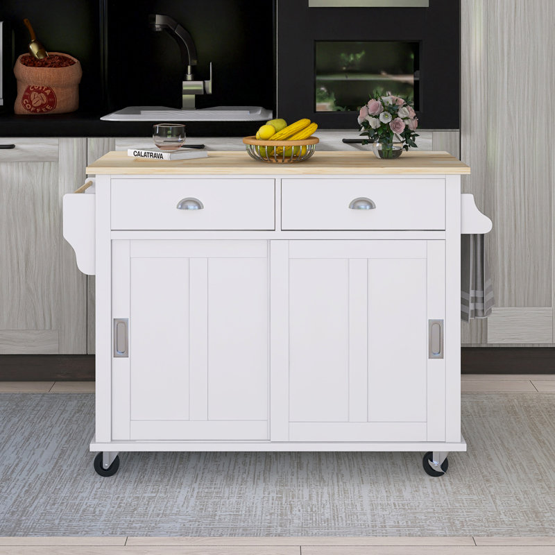 Chariot de cuisine 52,2 po en bois d'hévéa avec 4 roulettes, armoire de rangement et 2 tiroirs, Blanc