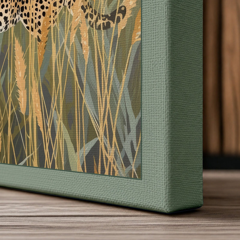 Leopard in Tall Grass Boho - Wrapped Canvas, 24x16 - 61.0 x 40.6 cm, Sage Border