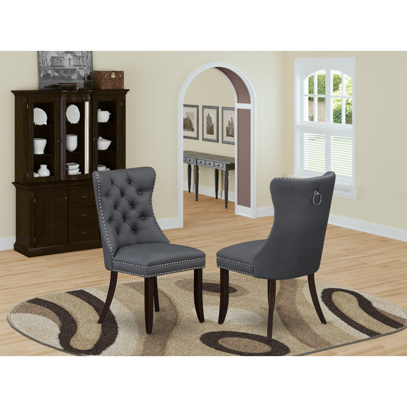 Dallas Parson Dining Chairs - Button Tufted Nailhead Trim Platinum Gray Polyester Fabric Upholstered Chairs, Set of 2, Wirebrushed Bright Linen white