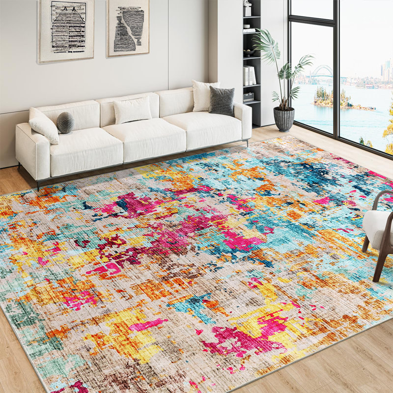 Abstract Machine Washable Rug with Rubber Backing for Living Room Modern Non-Slip Dining Room Rug Easy-Cleaning Colorful Floor Carpet for Bedroom Hallway Kitchen