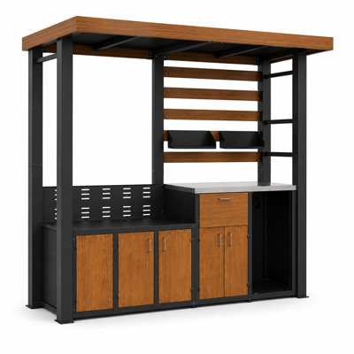 Outdoor Kitchen Island with Stainless Steel Prep Station, Grill-Ready Countertop, Soft-Close Storage Cabinets & Built-In Trash Cabinet