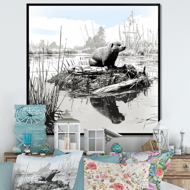 Gray Lake Bliss - animaux, art mural, Cadre flottant noir, H 36 po x l 36 po x P 1,5 po