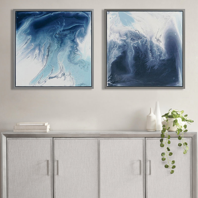 2 toiles abstraites bleues, 25,5 po x 25,5 po, cadre en nickel brossé avec art mural de chef-d'œuvre de style lagon, l 25,5 po x H 25,5 po, et suspension