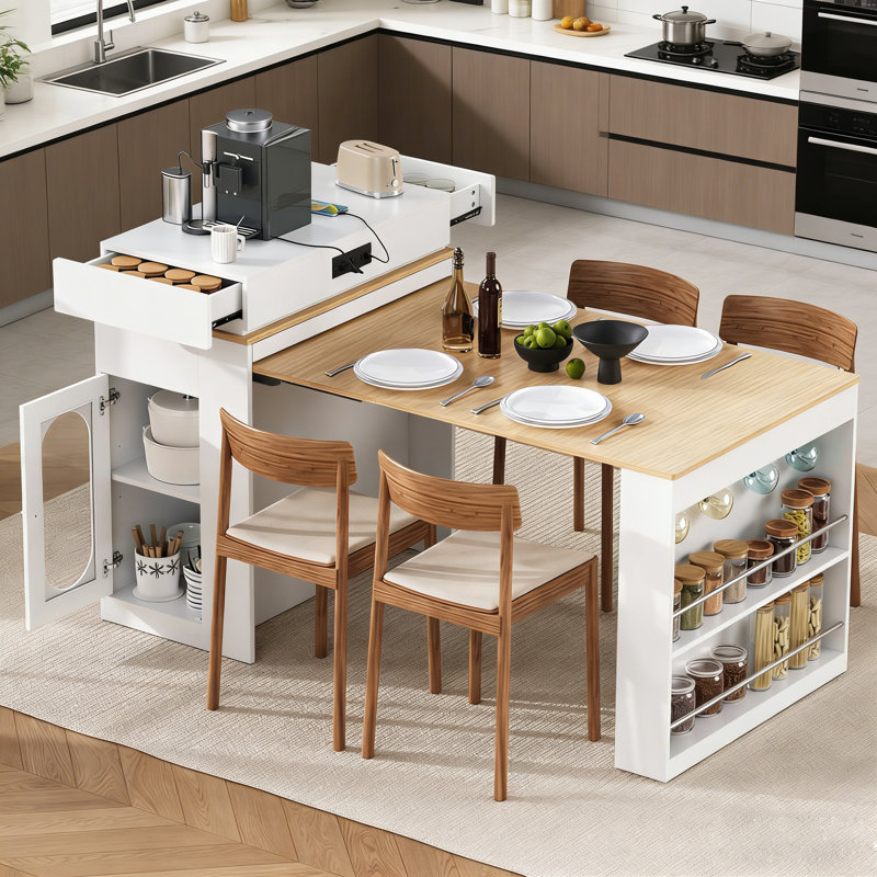 Extendable Dining Table with Folding Tabletop, Kitchen Island with Power Outlet & Storage, White