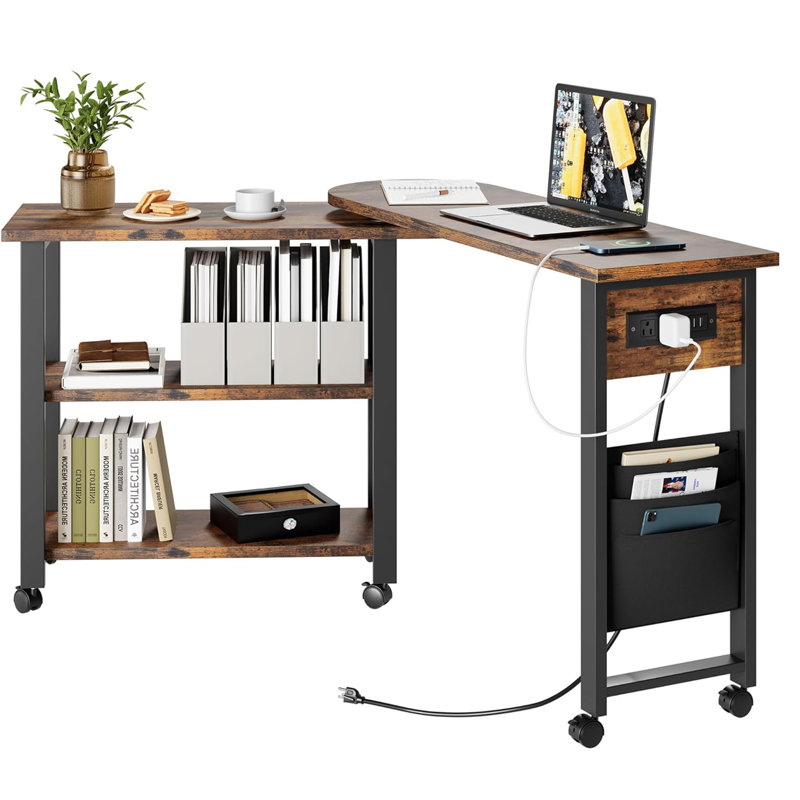 Rotating Side Table 360° End Table With Charging Station Swivel Side Table With Extra Storage Bag Movable End Table With 6 Swivel Wheels With Brakes For Bedroom Living Room