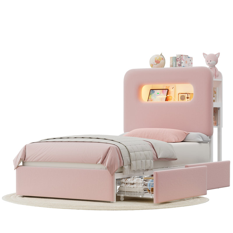 Structure de lit tapissier, lit de rangement avec DEL et station de charge, Simple, Rose