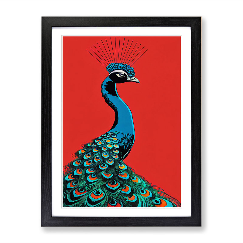 Peacock Retro Art - Wall Art, Black Framed Paper, 66cm H x 48cm W, White