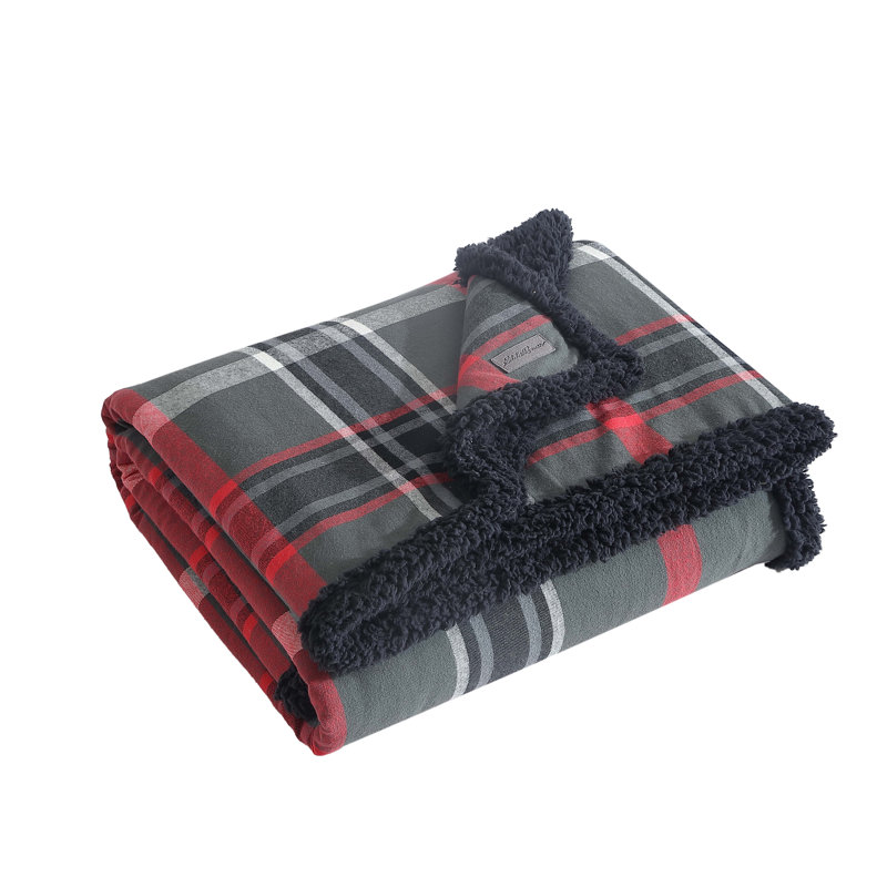 Gray and Red Plaid Sherpa Fleece Reversible Throw Blanket, 50"x60"