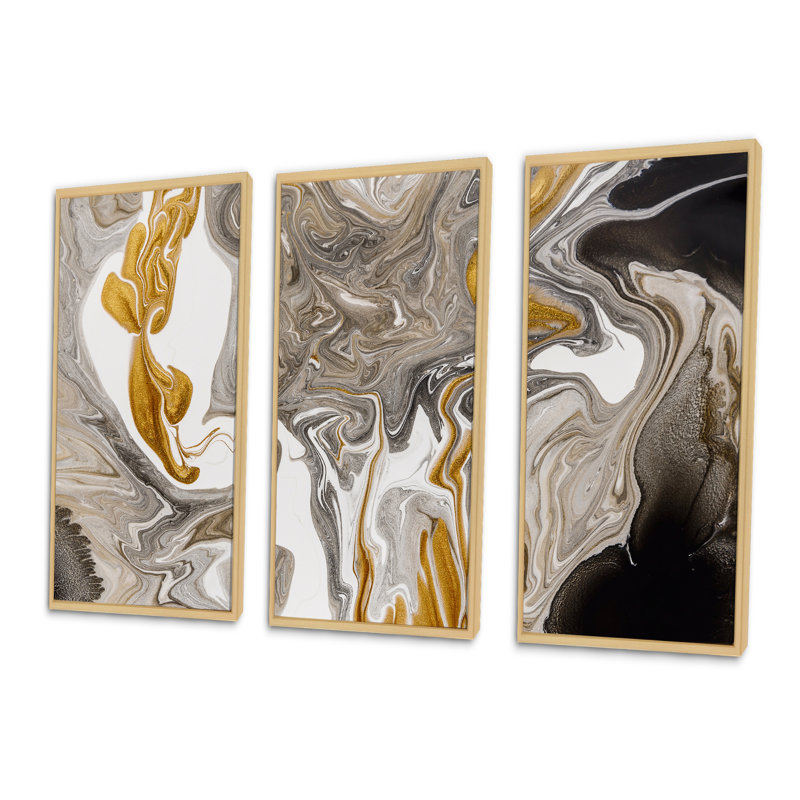 Vagues de marbre dorées et grises - ensemble d'art mural moderne sur toile encadrée 3