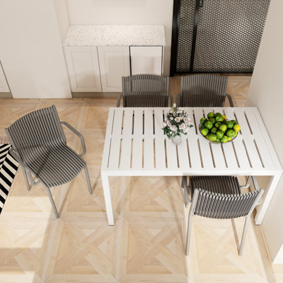 55 Inch White Modern Table With 4pcs Warm Grey Stackable Armchairs - All-weather Resistance, Quick Assembly, Shape 4 Protection, Metal Frame, Comfortable Seating Position