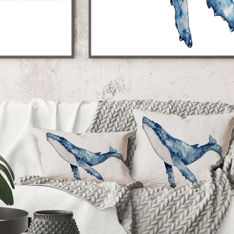 Blue Whale On White II - Nautical & Coastal Printed Throw Pillow 12" x 20"