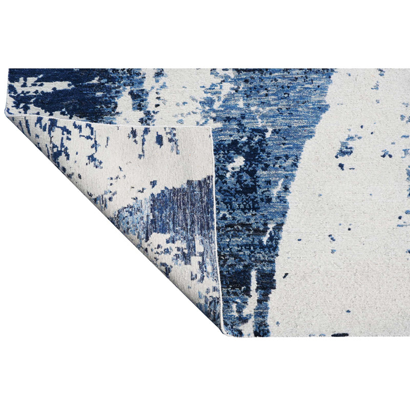 Tapis en laine noué à la main en blanc / bleu, Rectangle 6 pi x 9 pi