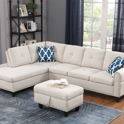 Canapé modulaire en lin avec méridienne et repose-pieds, beige
