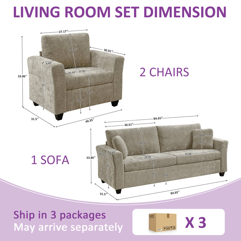 3-Piece Upholstered Living Room Set, Camel