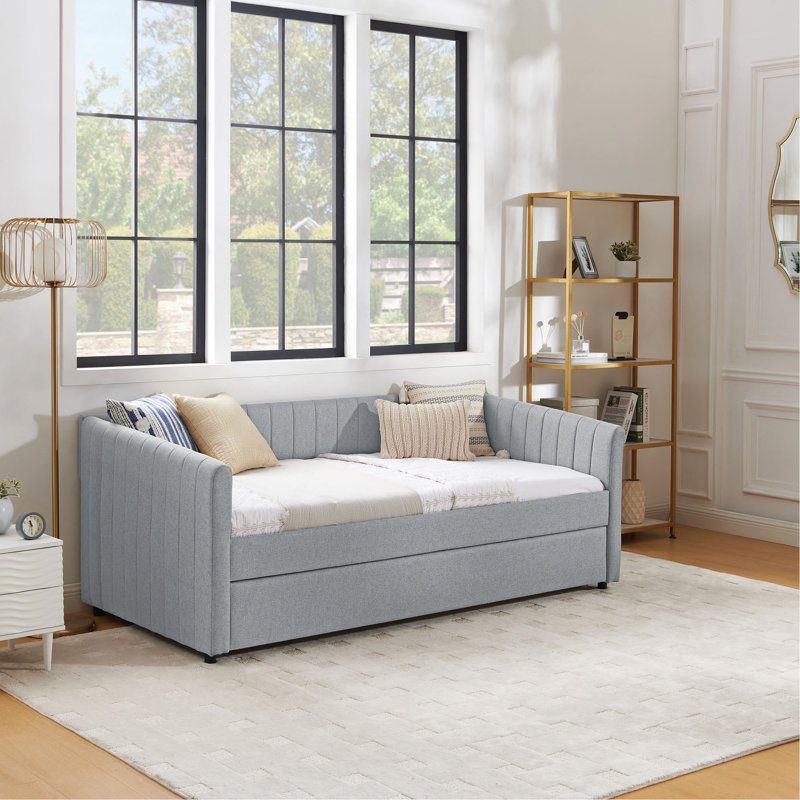Twin Size Daybed With Trundle Upholstered Sofa Bed, With Vertical Stripes, Linen Fabric, Grey (82.5"X43"X30"), Twin