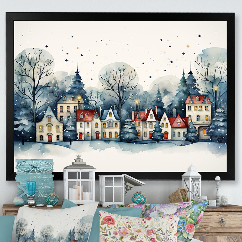 «Christmas Village In Winter I - Winter Landscape», art mural, Cadre d'angle fermé noir, H 16 po x l 32 po x P 1 po