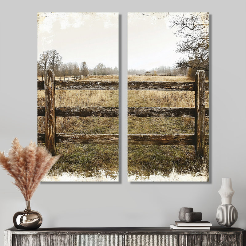 Gris et brun, ferme, paysage, clôture rustique, H 20 po x l 24 po, Toile tendue, Ne s’applique pas