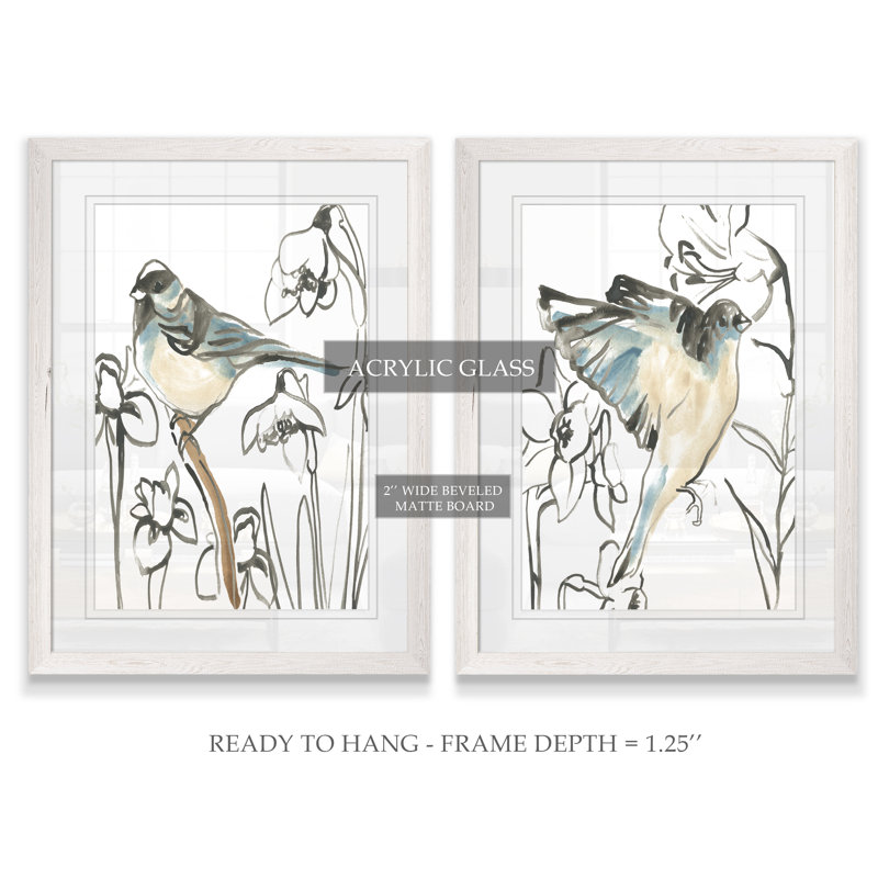Songbird Meadow - ensemble de 2 peintures encadrées, H 20 po x l 16 po, Impression encadrée avec passe-partout, Blanc