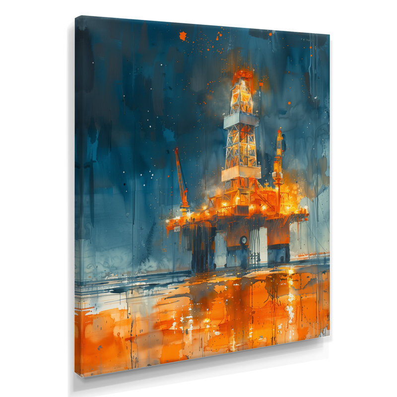Orange orange, plate-forme de pétrole alimentant le futur, Canevas, H 34 po x l 44 po x P 1,5 po
