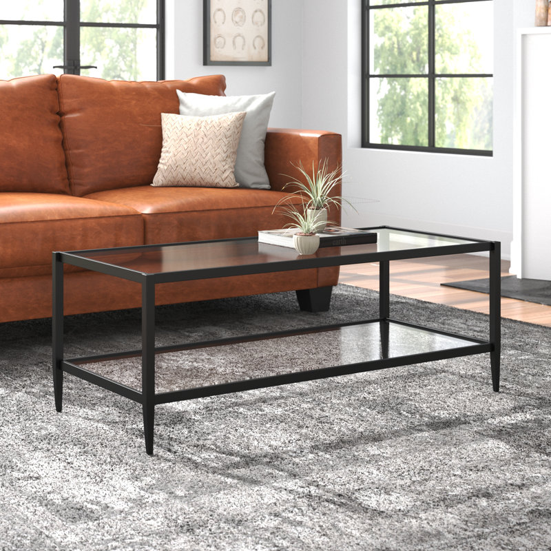 Hera Glass Top Coffee Table, 17" H x 20" W x 45" L, Blackened Bronze
