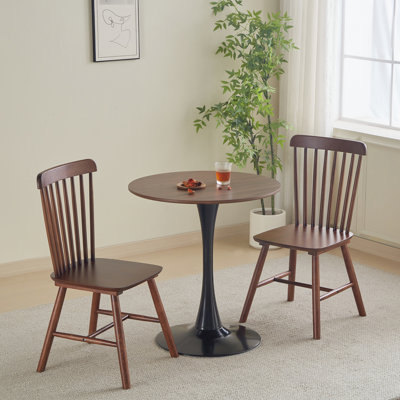 Table ronde en noyer de 31,5 po de style Mid-Century, piédestal blanc, idéale pour les petits espaces de balcon