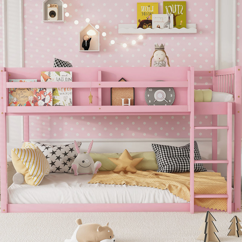 Lit superposé bas simple au-dessus d'un lit simple, lit superposé au sol avec échelle, bois massif pour enfants et adolescents, conception compacte et peu encombrante