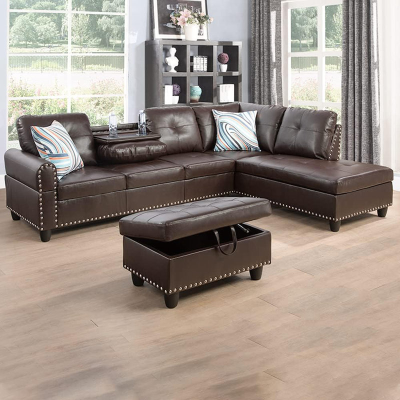 3-piece Synthetic Leather Sectional Sofa, Brown Faux Leather