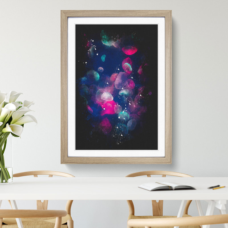 Many Jellyfish Paint Splash - Framed Print, 33cm H x 24cm W x 2cm D, Oak Framed